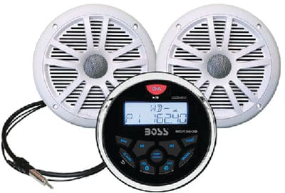 Boss Audio MCKGB350W6 Bluetooth<sup>®</sup> Black In-Dash Gauge Receiver Package w/ 6-1/2" White Marine Speakers
