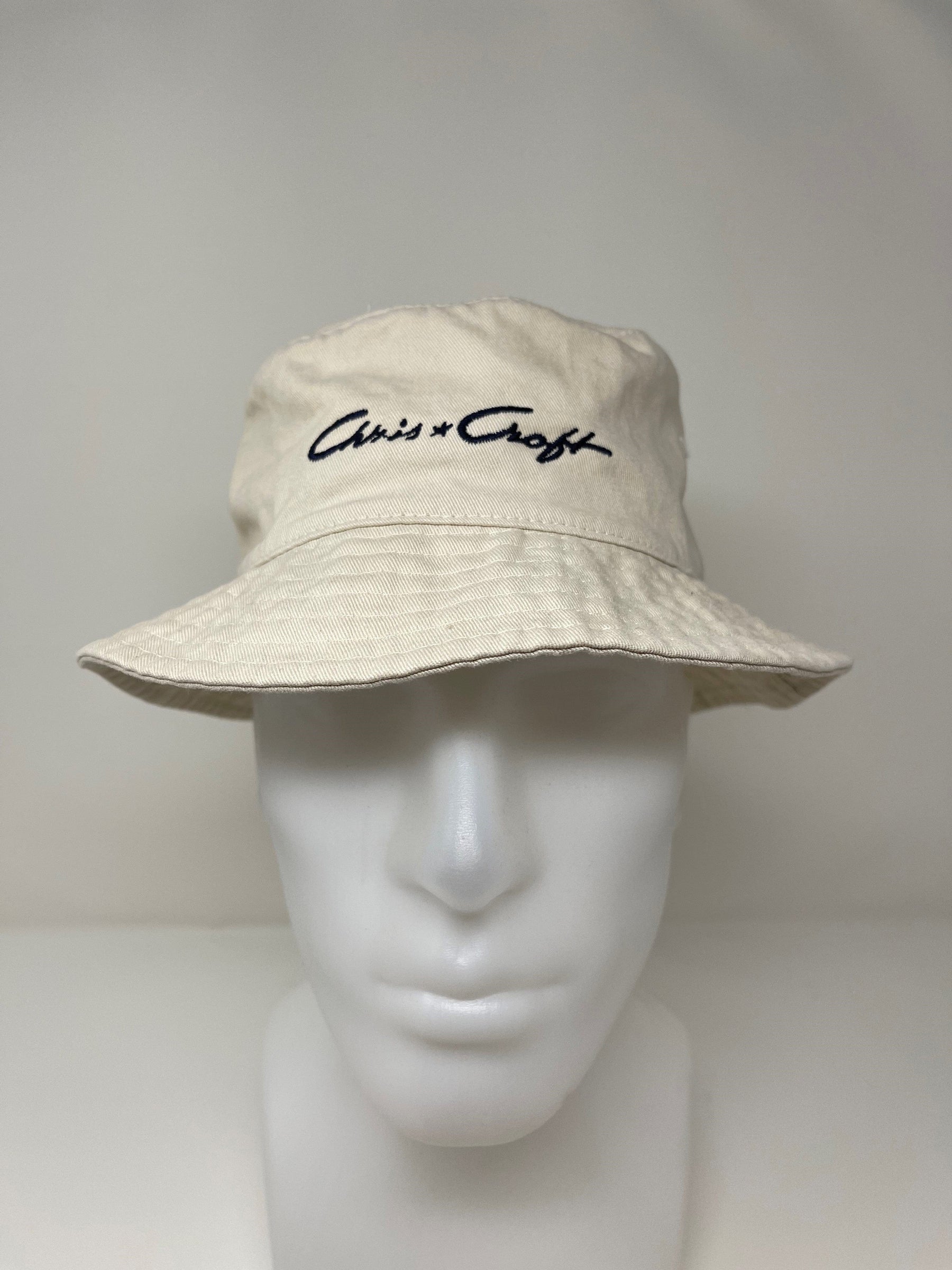 Chris-Craft - Unisex Wide Brim Bucket Hat - Beige with Blue Post-War Script