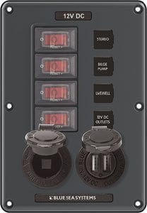 Blue Sea 4321 Water-Resistant Circuit Breaker Switch Panel: 4 Position w/12V Socket & Dual USB Charger