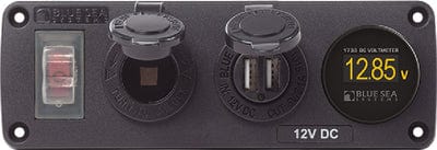 Blue Sea Systems 4366 Water-Resistant USB Accessory Panel: w/12V Socket: 2.1A Dual USB Charger: Voltmeter