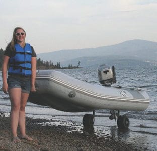 Made from stainless steel with roto-molded wheels that can hold up to a 600lb inflatable or hard shell dinghy. Designed to go over rocks and sand with ease. The brackets pivot away from the motor so you can turn without the wheels being in the way. The upper transom bracket is adjustable to different angles to best suit the particular boat. All mounting hardware included.