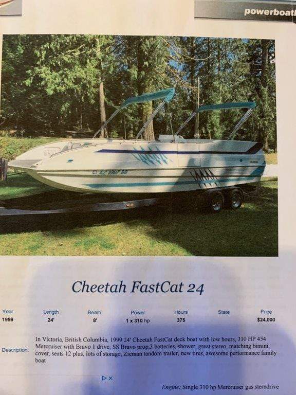 Classic Wooden Boat for Sale -  1999 CHEETAH FAST CAT 24'