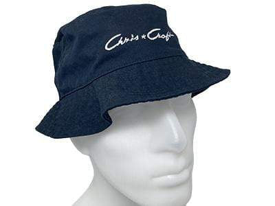 Wooden Boat Hat for Sale -  Chris-Craft - Ladies Wide Brim Bucket Hat - Blue with White Post-War Script
