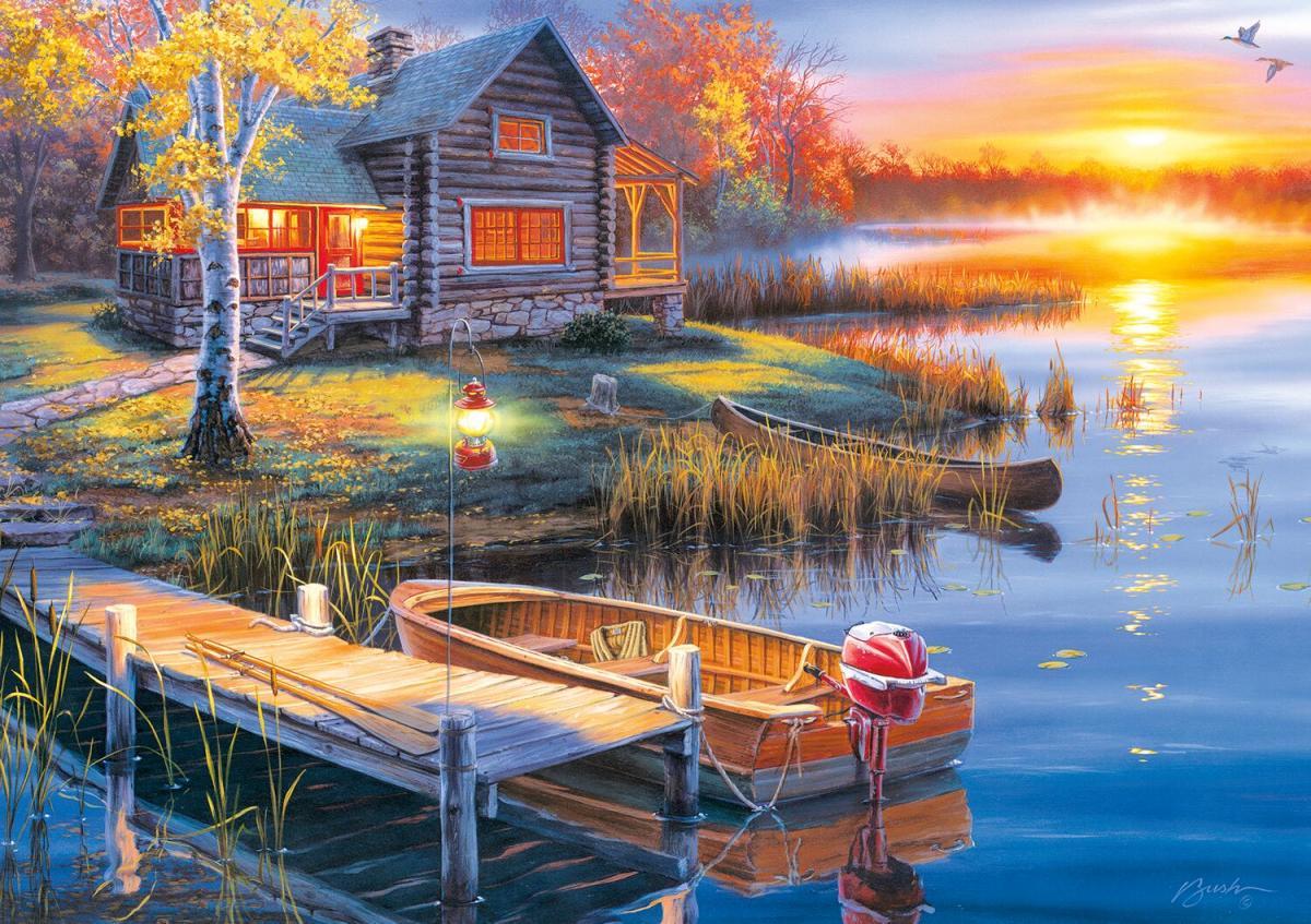 Classic Wooden Boat Accessories for Sale - CLASSIC BOAT JIGSAW PUZZLE - AUTUMN AT THE LAKE - By Darrell Bush - 300 PCS